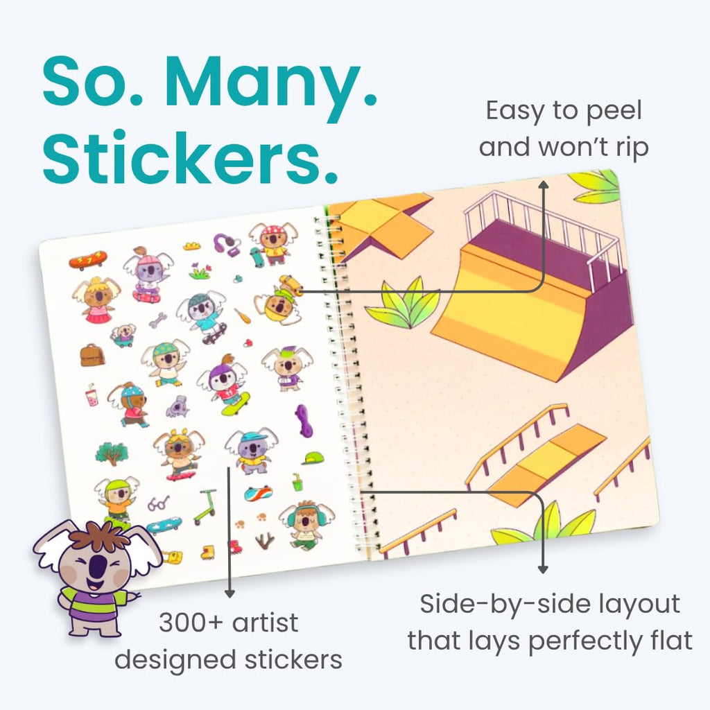 CUPKIN Koality Time Sticker Book for Kids – 300+ Stickers, 8 Scenes, 8 Coloring Pages, Spiral Bound, Ages 2-8