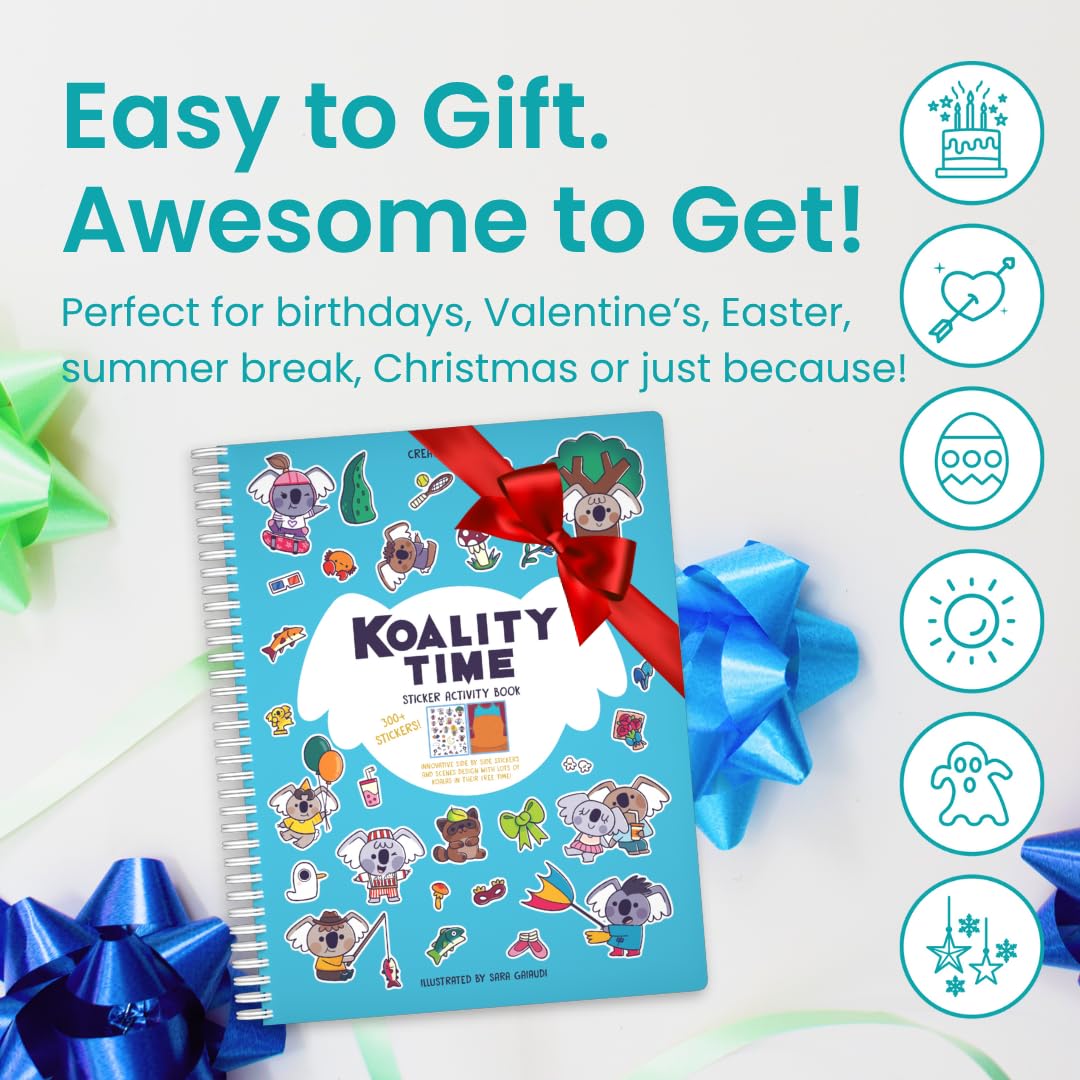 CUPKIN Koality Time Sticker Book for Kids – 300+ Stickers, 8 Scenes, 8 Coloring Pages, Spiral Bound, Ages 2-8
