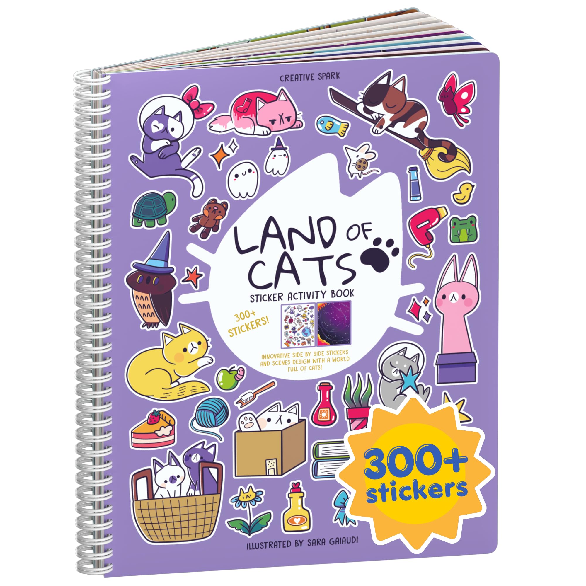 CUPKIN Land of Cats Sticker Book for Kids - 300+ Stickers, 8 Coloring Pages, Spiral Bound Road Trip Activity Ages 2-8
