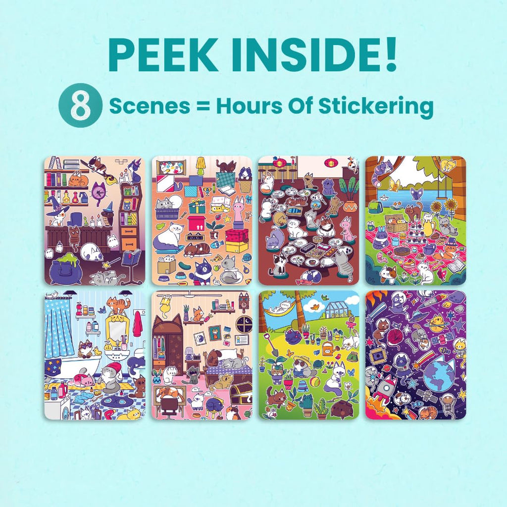 CUPKIN Land of Cats Sticker Book for Kids - 300+ Stickers, 8 Coloring Pages, Spiral Bound Road Trip Activity Ages 2-8