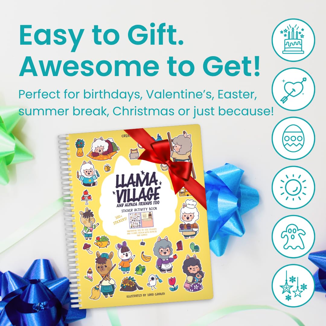 CUPKIN Llama Village Sticker Book: 300+ Stickers & 8 Coloring Pages for Kids Ages 2-8