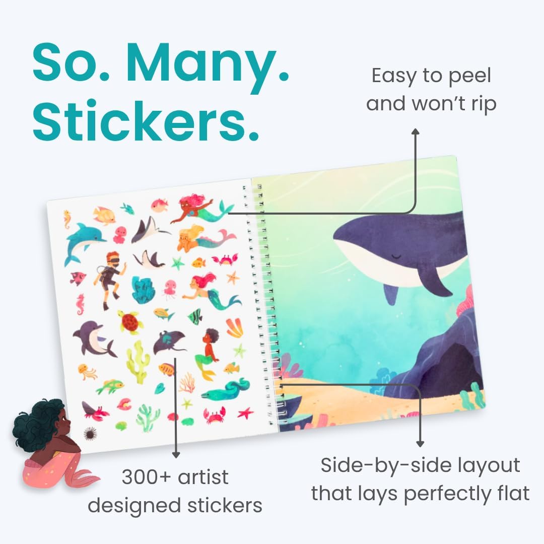 Cupkin Mystical Mermaids Sticker Book – 300+ Stickers, 8 Coloring Pages, Spiral-Bound Travel Activity for Ages 2-8