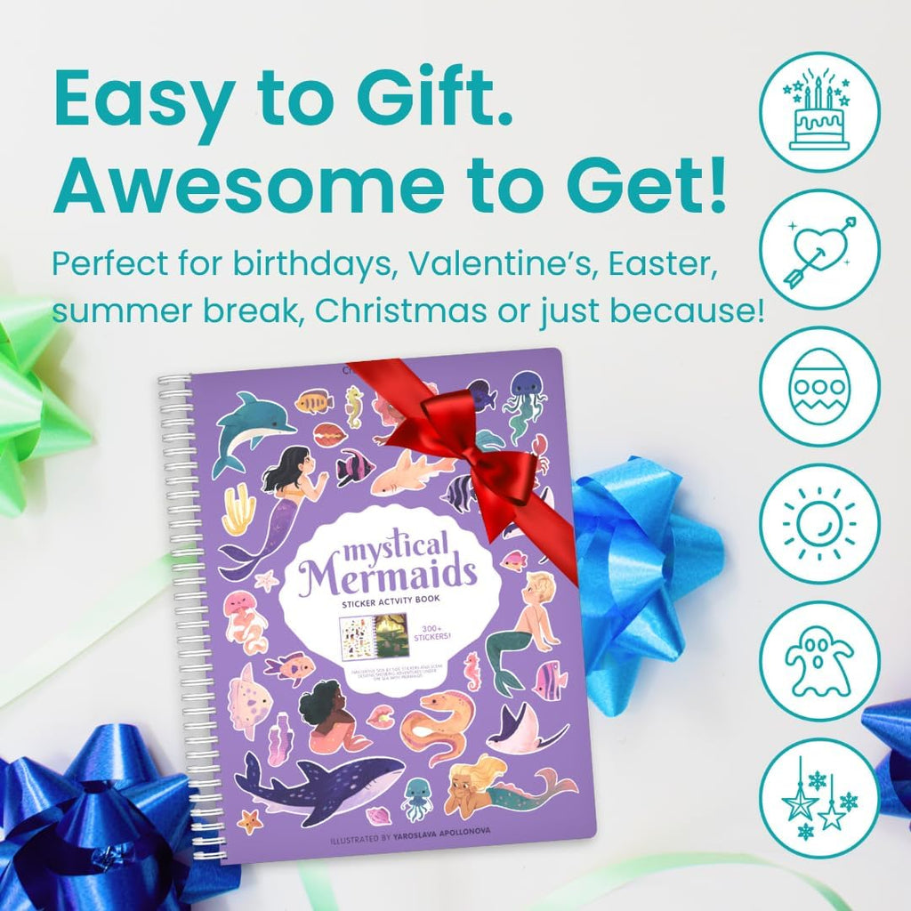 Cupkin Mystical Mermaids Sticker Book – 300+ Stickers, 8 Coloring Pages, Spiral-Bound Travel Activity for Ages 2-8