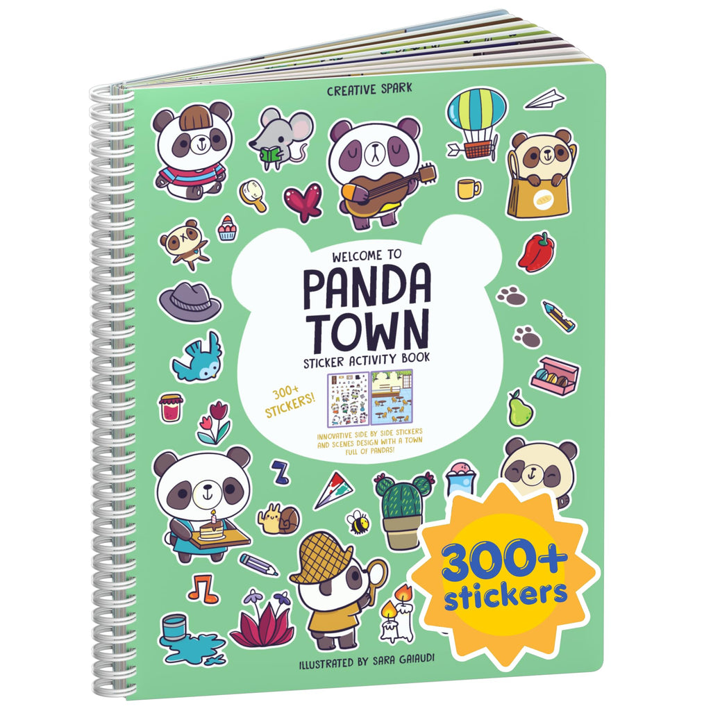 CUPKIN Panda Town Sticker Book for Kids: 300+ Reusable Stickers, 8 Scenes & 8 Coloring Pages, Spiral-Bound Activity Set for Ages 2–8