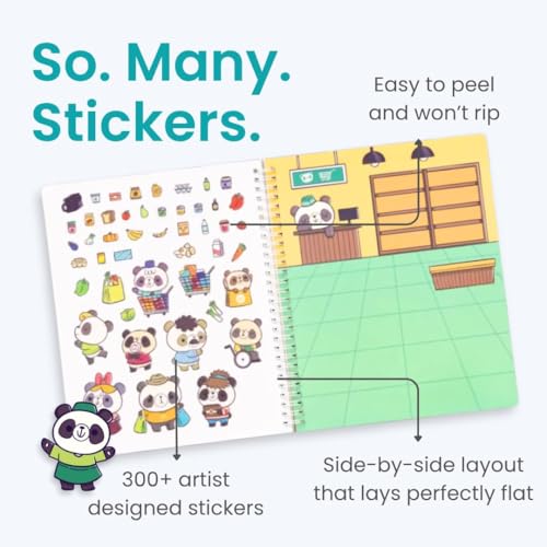 CUPKIN Panda Town Sticker Book for Kids: 300+ Reusable Stickers, 8 Scenes & 8 Coloring Pages, Spiral-Bound Activity Set for Ages 2–8
