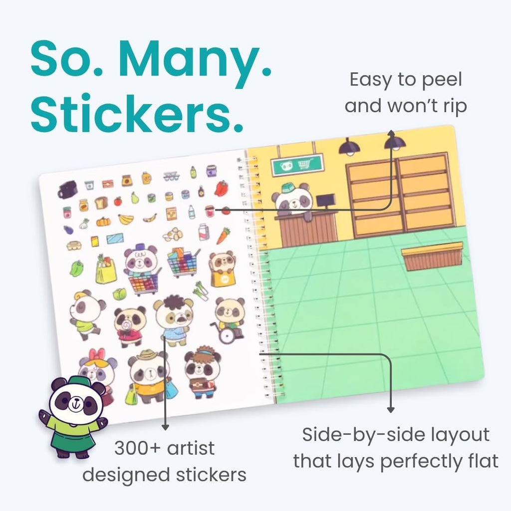 CUPKIN Panda Town Sticker Book for Kids: 300+ Reusable Stickers, 8 Scenes & 8 Coloring Pages, Spiral-Bound Activity Set for Ages 2–8