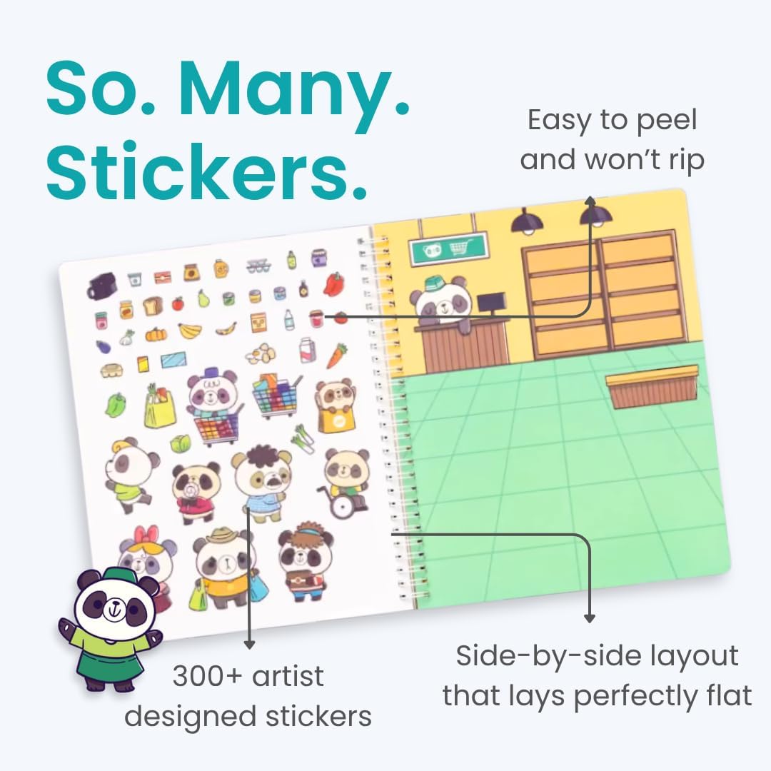 CUPKIN Panda Town Sticker Book for Kids: 300+ Reusable Stickers, 8 Scenes & 8 Coloring Pages, Spiral-Bound Activity Set for Ages 2–8