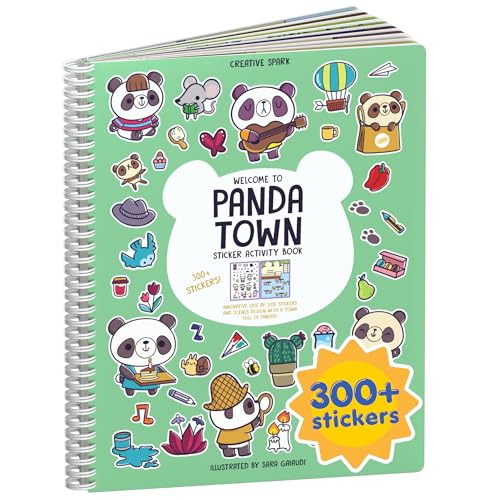 CUPKIN Panda Town Sticker Book for Kids: 300+ Reusable Stickers, 8 Scenes & 8 Coloring Pages, Spiral-Bound Activity Set for Ages 2–8