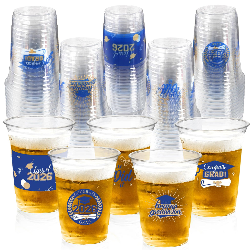 CUPLOOV 50 Pack 16 oz Blue & Gold Graduation Cups - Class of 2026 Disposable Party Cups