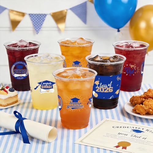 CUPLOOV 50 Pack 16 oz Blue & Gold Graduation Cups - Class of 2026 Disposable Party Cups