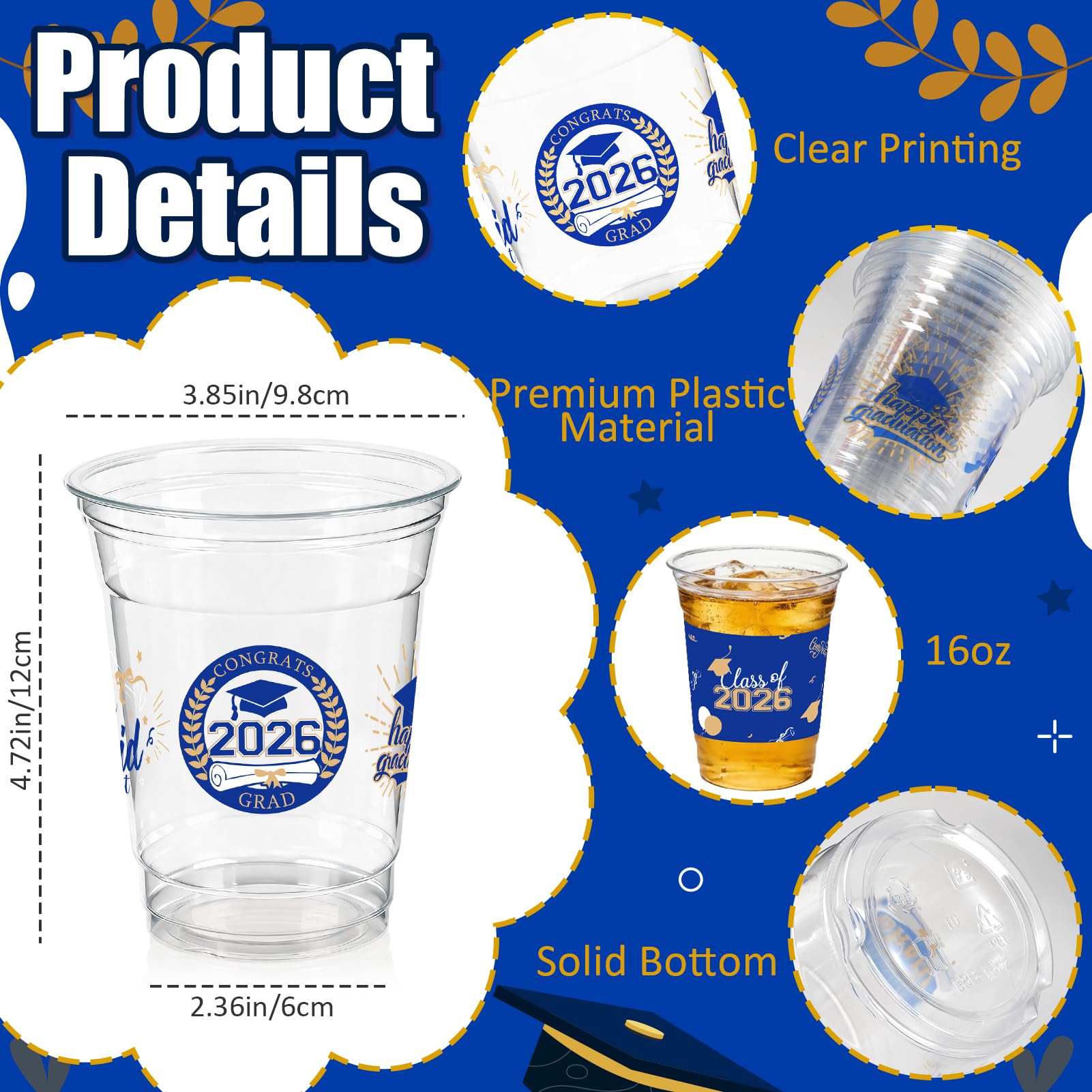 CUPLOOV 50 Pack 16 oz Blue & Gold Graduation Cups - Class of 2026 Disposable Party Cups