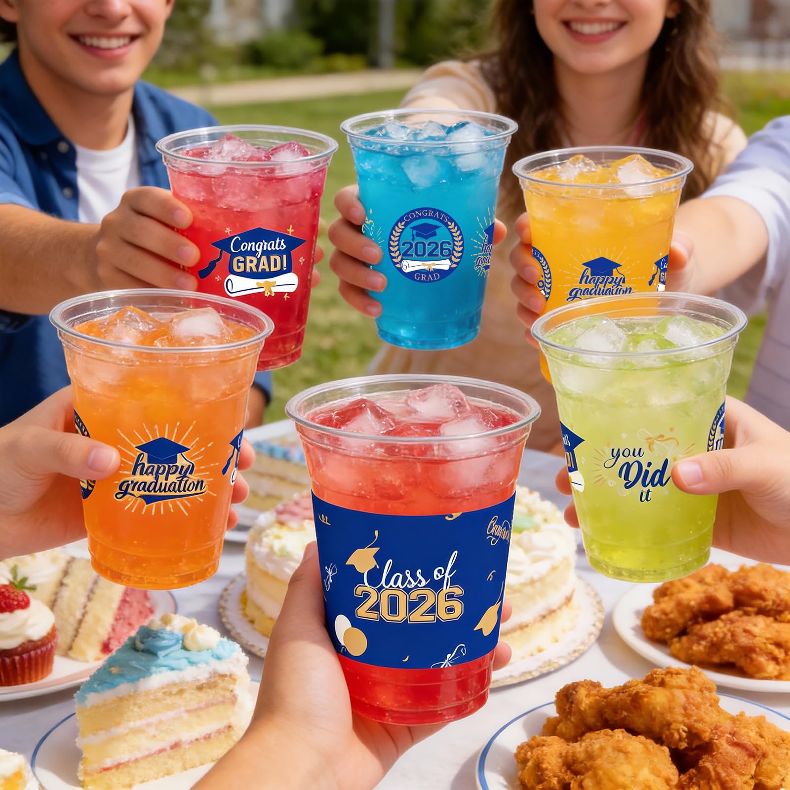 CUPLOOV 50 Pack 16 oz Blue & Gold Graduation Cups - Class of 2026 Disposable Party Cups