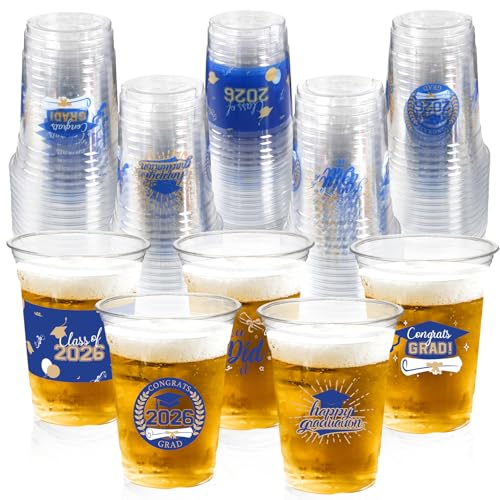 CUPLOOV 50 Pack 16 oz Blue & Gold Graduation Cups - Class of 2026 Disposable Party Cups