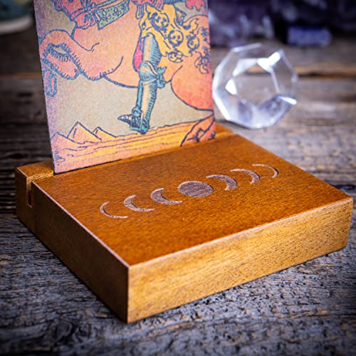 Curawood Wooden Tarot Card Holder Stand – Moon Phase Engraved, 1-Card Display
