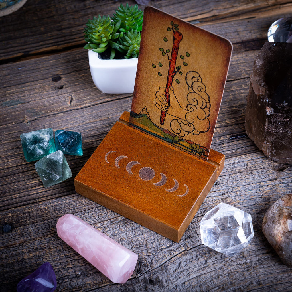 Curawood Wooden Tarot Card Holder Stand – Moon Phase Engraved, 1-Card Display