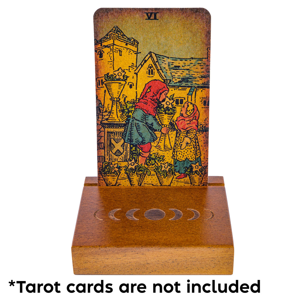Curawood Wooden Tarot Card Holder Stand – Moon Phase Engraved, 1-Card Display