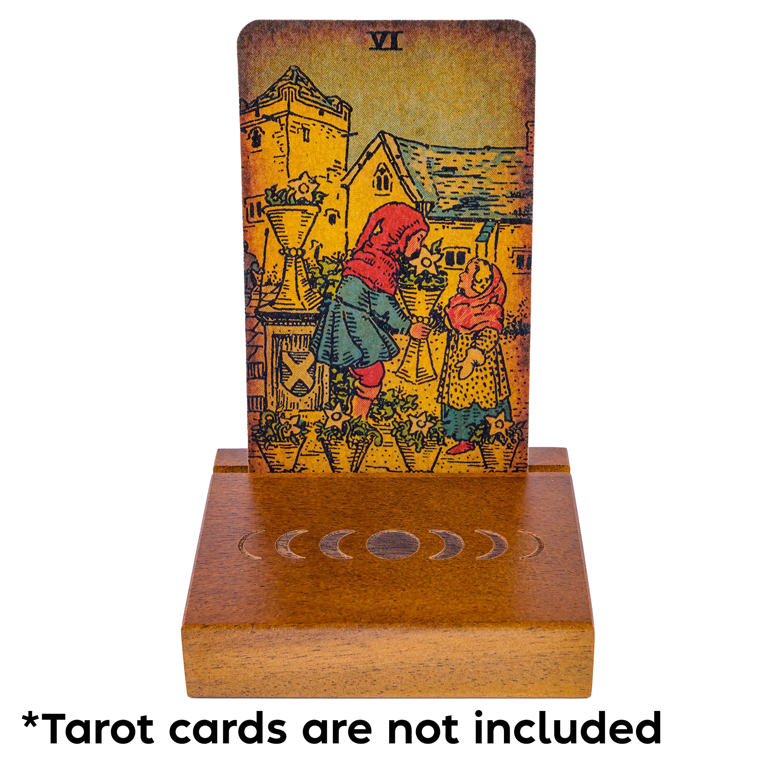 Curawood Wooden Tarot Card Holder Stand – Moon Phase Engraved, 1-Card Display