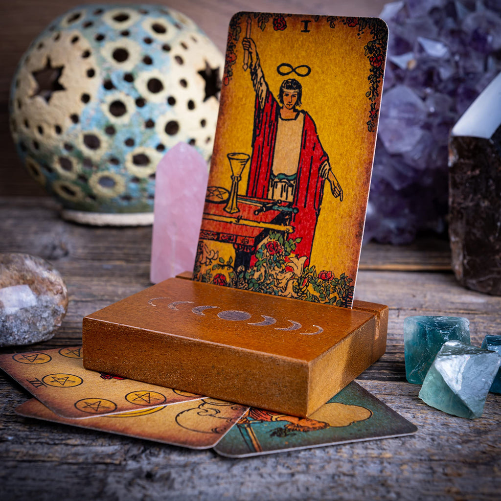 Curawood Wooden Tarot Card Holder Stand – Moon Phase Engraved, 1-Card Display
