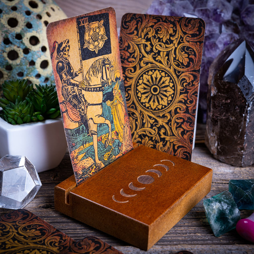 Curawood Wooden Tarot Card Holder Stand – Moon Phase Engraved, 1-Card Display