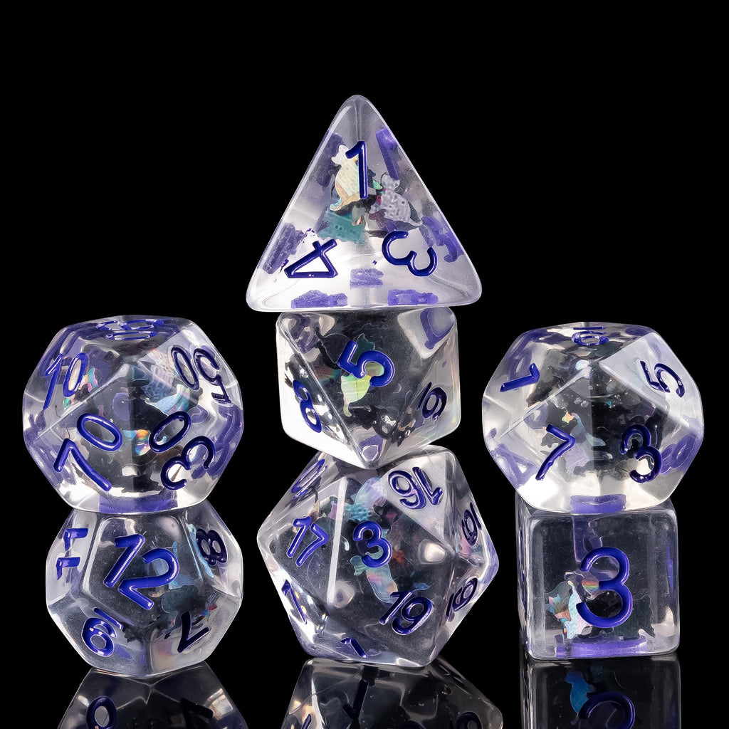 Cusdie 7-Die DND Dice Set – Transparent Resin Polyhedral Dice with Glitter Cat Inclusions (Black and White Cat, Purple Ink)
