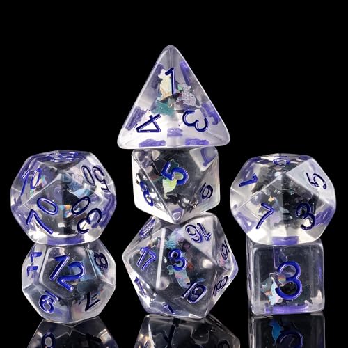 Cusdie 7-Die DND Dice Set – Transparent Resin Polyhedral Dice with Glitter Cat Inclusions (Black and White Cat, Purple Ink)