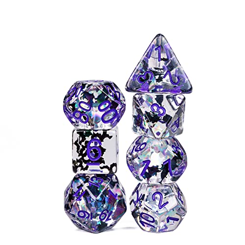 Cusdie 7-Die DND Dice Set – Transparent Resin Polyhedral Dice with Glitter Cat Inclusions (Black and White Cat, Purple Ink)