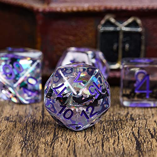 Cusdie 7-Die DND Dice Set – Transparent Resin Polyhedral Dice with Glitter Cat Inclusions (Black and White Cat, Purple Ink)