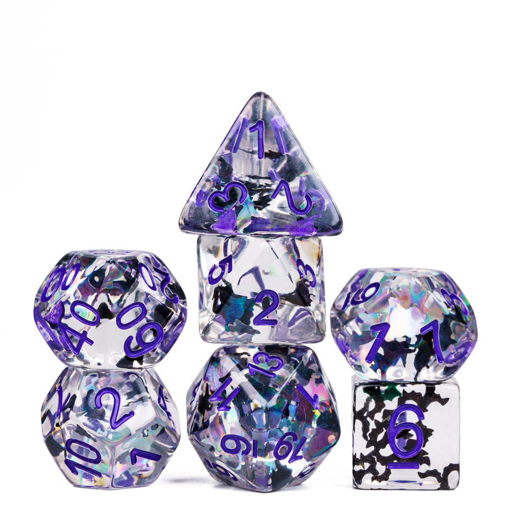 Cusdie 7-Die DND Dice Set – Transparent Resin Polyhedral Dice with Glitter Cat Inclusions (Black and White Cat, Purple Ink)