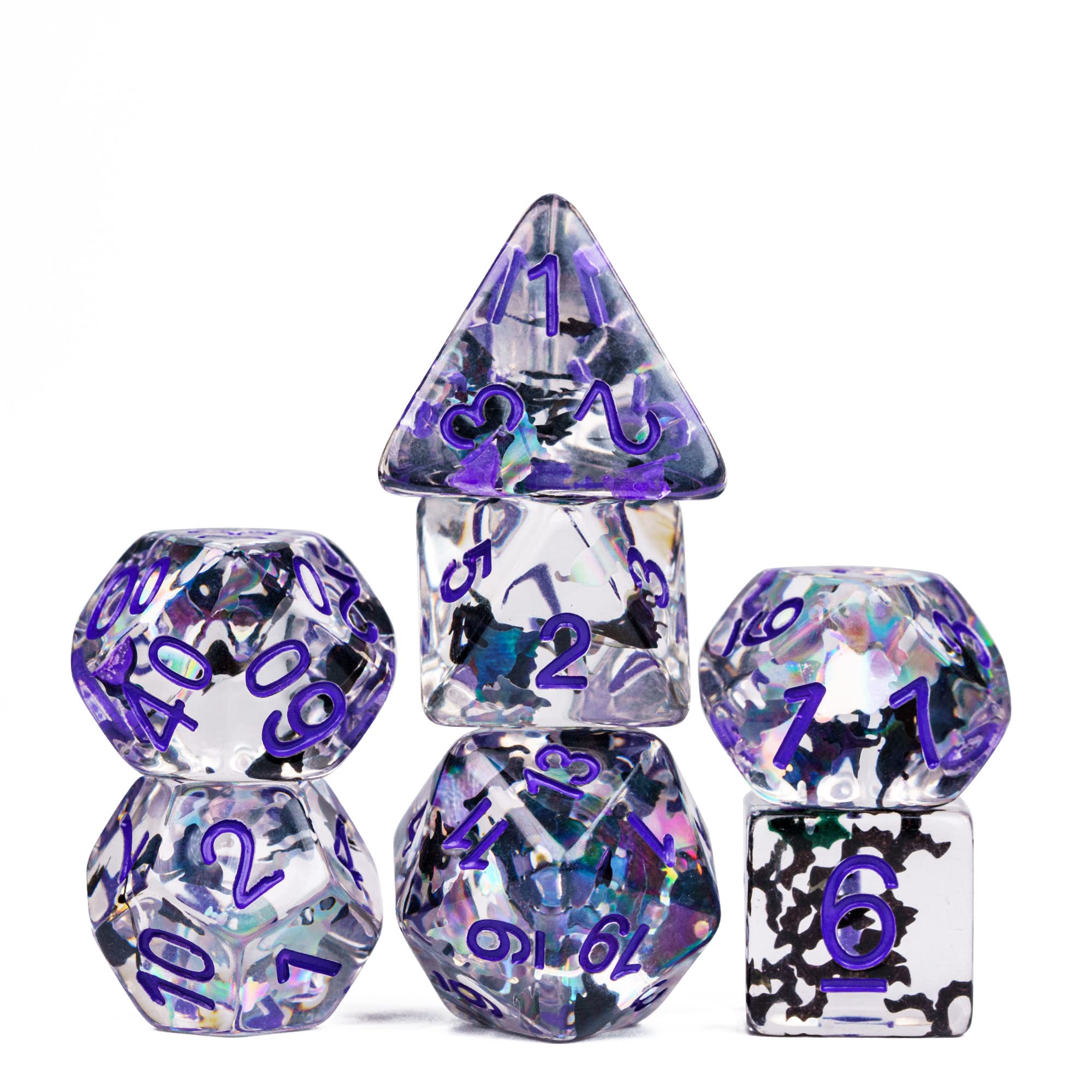 Cusdie 7-Die DND Dice Set – Transparent Resin Polyhedral Dice with Glitter Cat Inclusions (Black and White Cat, Purple Ink)