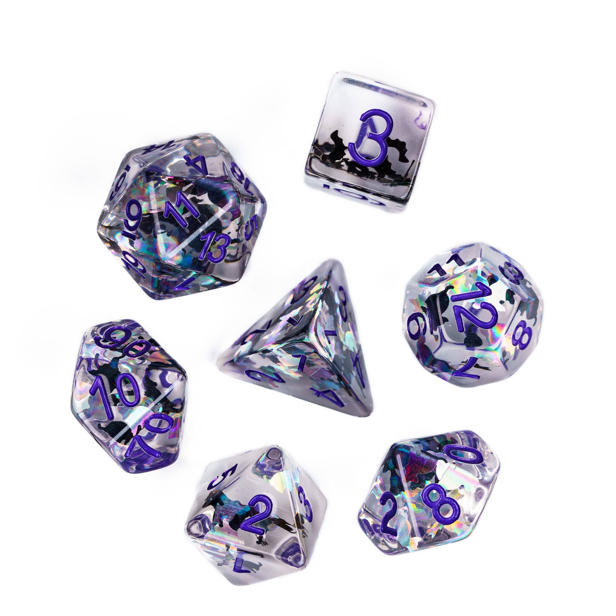 Cusdie 7-Die DND Dice Set – Transparent Resin Polyhedral Dice with Glitter Cat Inclusions (Black and White Cat, Purple Ink)