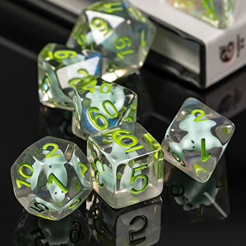 Cusdie 7-Die DND Dice Set with Dinosaur Figures Inside – Polyhedral RPG Dice (D4-D20)