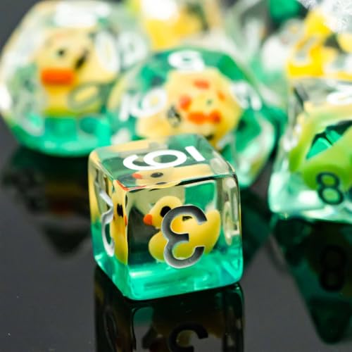 Cusdie 7-Die DND Dice Set with Duck Inside - Polyhedral Animal Dice for RPG Games (Yellow Duck)