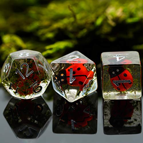 Cusdie 7-Die DND Dice Set with Ladybug Inside - Polyhedral Resin Dice for RPG