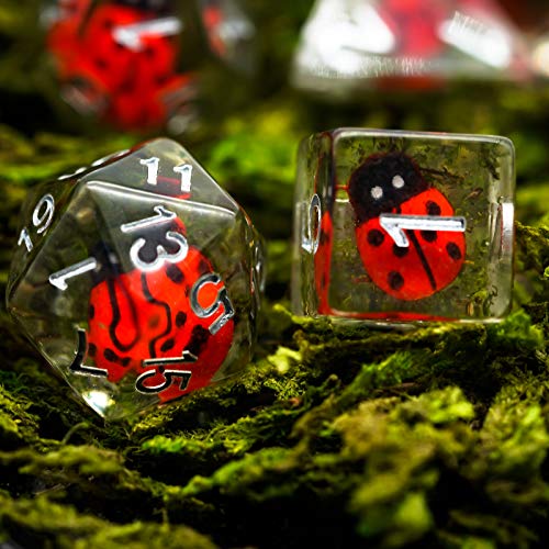 Cusdie 7-Die DND Dice Set with Ladybug Inside - Polyhedral Resin Dice for RPG