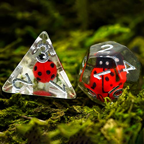 Cusdie 7-Die DND Dice Set with Ladybug Inside - Polyhedral Resin Dice for RPG
