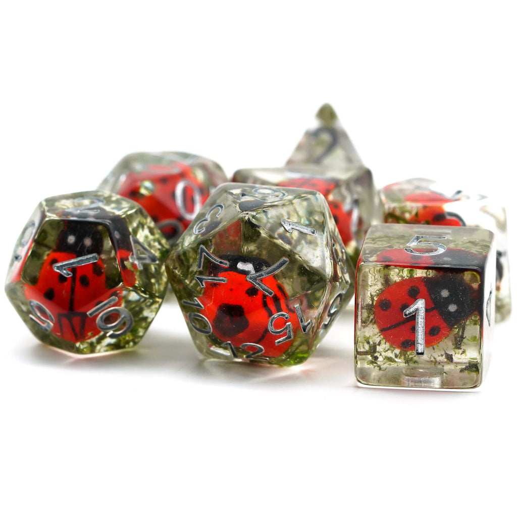 Cusdie 7-Die DND Dice Set with Ladybug Inside - Polyhedral Resin Dice for RPG