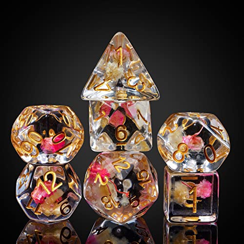 Cusdie 7-Die DND Dice Set with Real Flower Filling – Rose/White with Golden Numbers