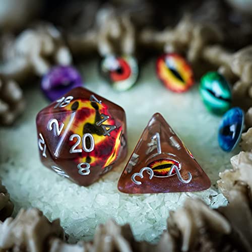 Cusdie 7-Piece D&D Dice Set with Embedded Eyeball – Brown Eyeball Resin Polyhedral Dice for RPGs