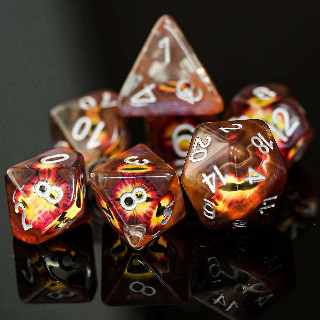 Cusdie 7-Piece D&D Dice Set with Embedded Eyeball – Brown Eyeball Resin Polyhedral Dice for RPGs