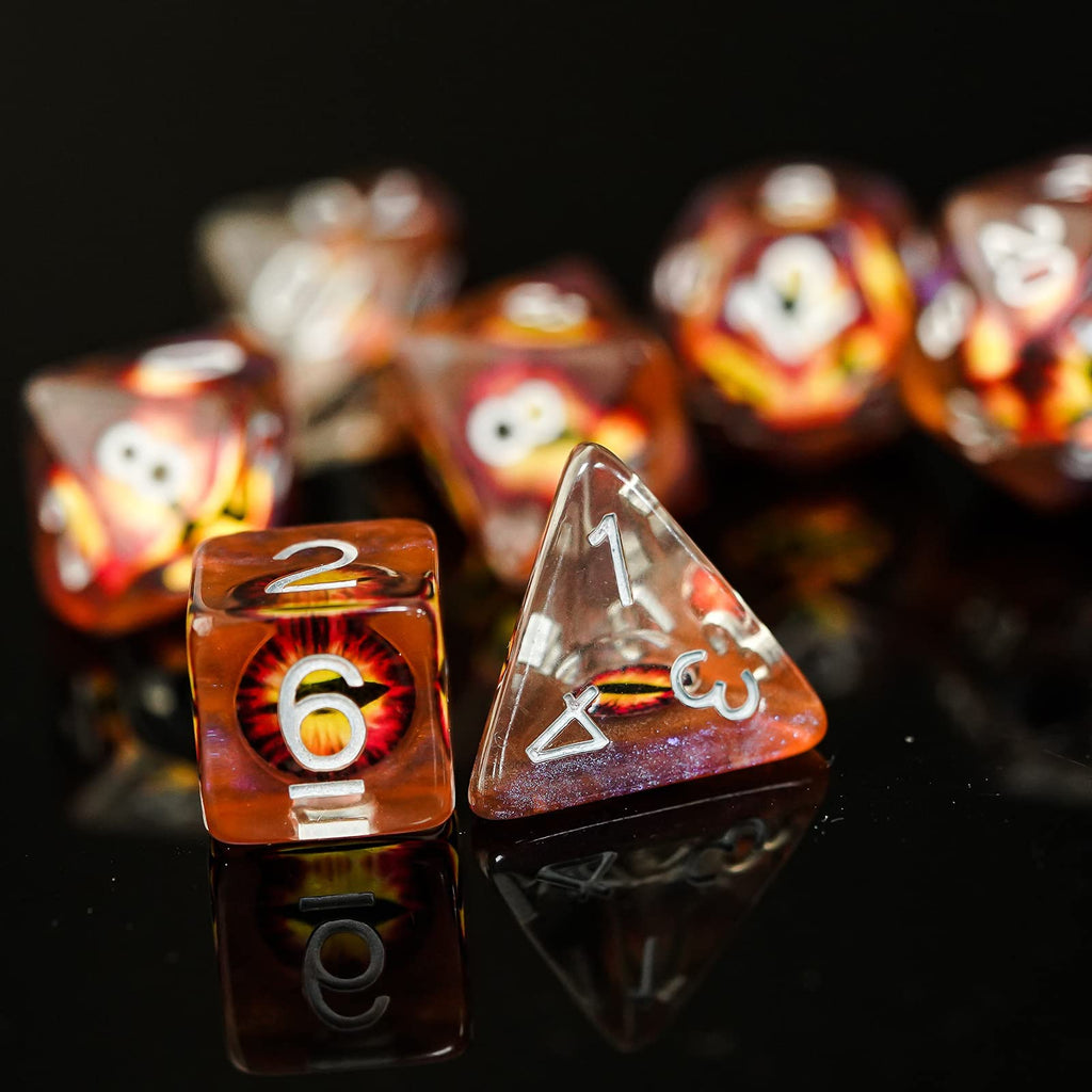 Cusdie 7-Piece D&D Dice Set with Embedded Eyeball – Brown Eyeball Resin Polyhedral Dice for RPGs