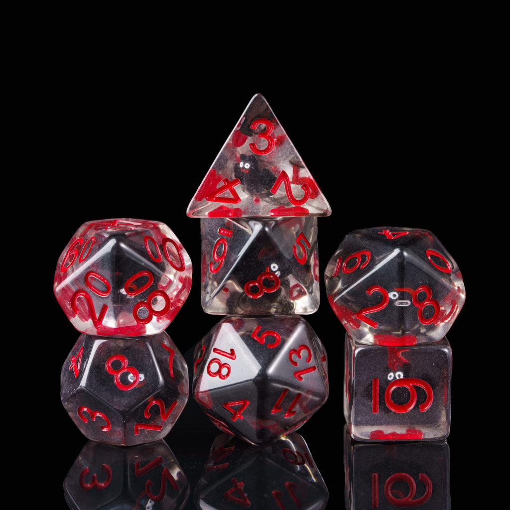 Cusdie Bat-Filled Resin D&D Dice Set – 7 Polyhedral Dice with Red Numbers