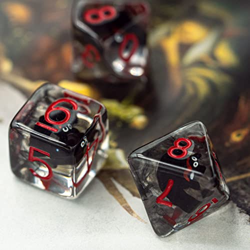 Cusdie Bat-Filled Resin D&D Dice Set – 7 Polyhedral Dice with Red Numbers
