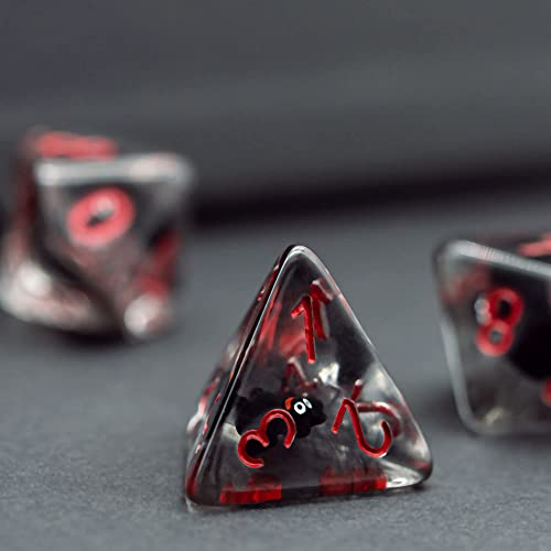 Cusdie Bat-Filled Resin D&D Dice Set – 7 Polyhedral Dice with Red Numbers