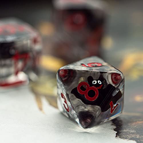 Cusdie Bat-Filled Resin D&D Dice Set – 7 Polyhedral Dice with Red Numbers