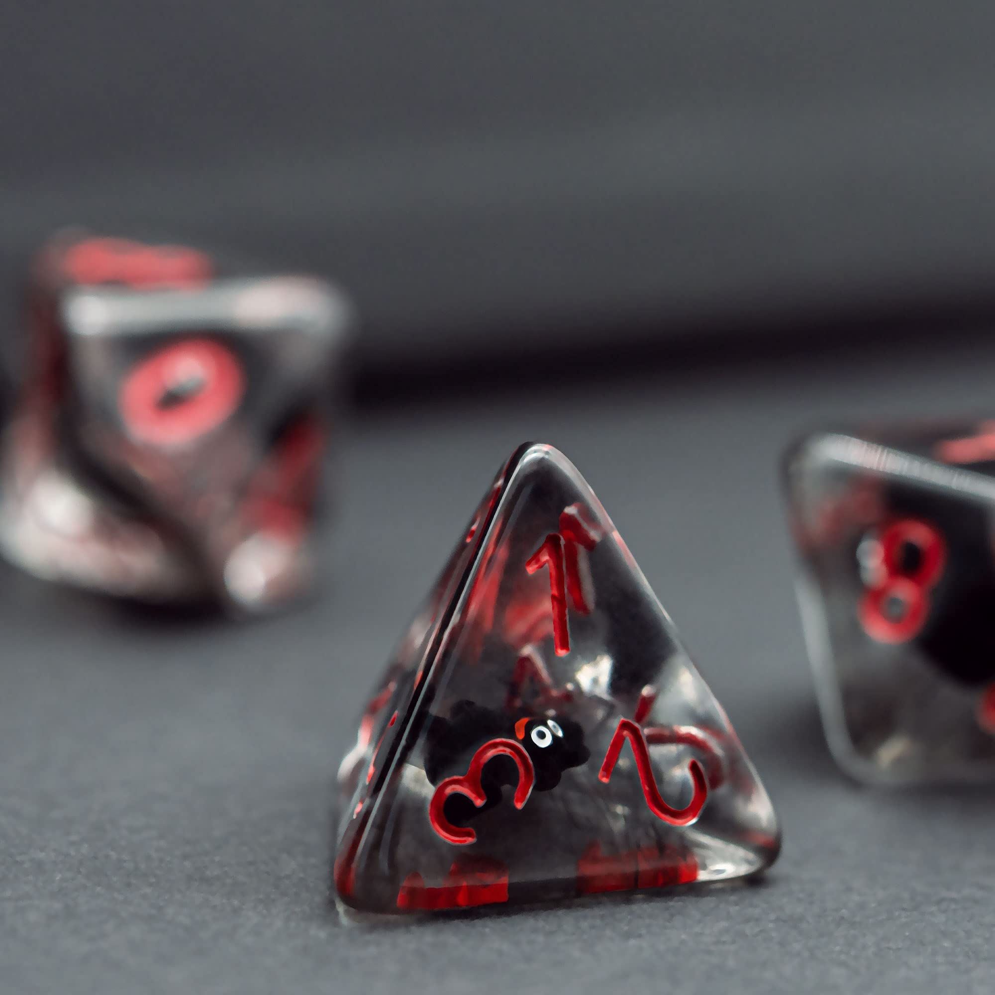 Cusdie Bat-Filled Resin D&D Dice Set – 7 Polyhedral Dice with Red Numbers