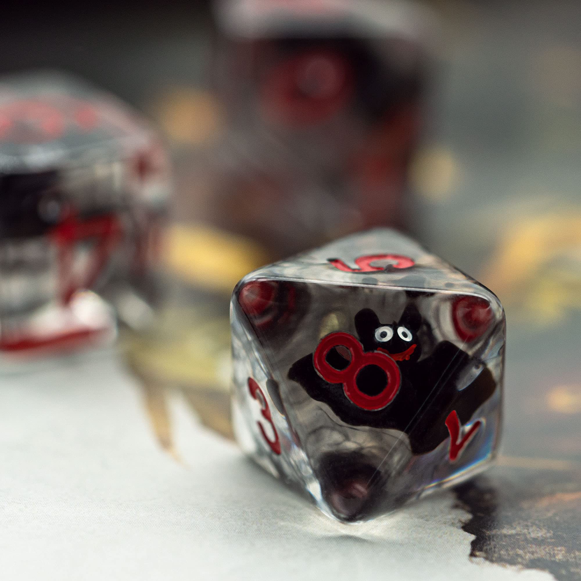 Cusdie Bat-Filled Resin D&D Dice Set – 7 Polyhedral Dice with Red Numbers