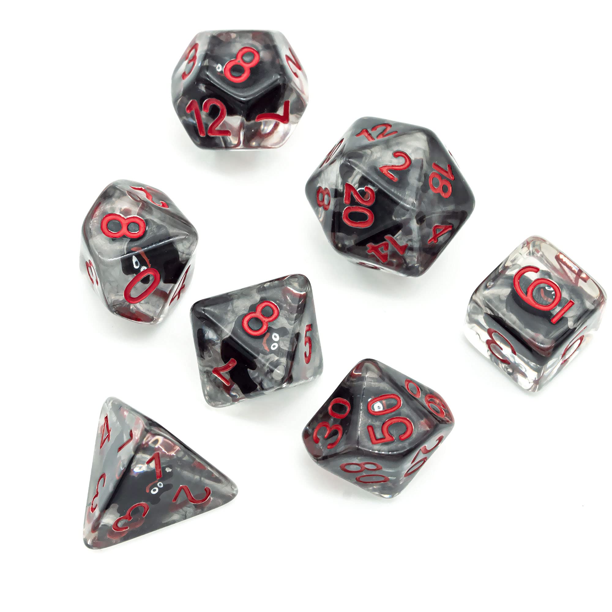 Cusdie Bat-Filled Resin D&D Dice Set – 7 Polyhedral Dice with Red Numbers