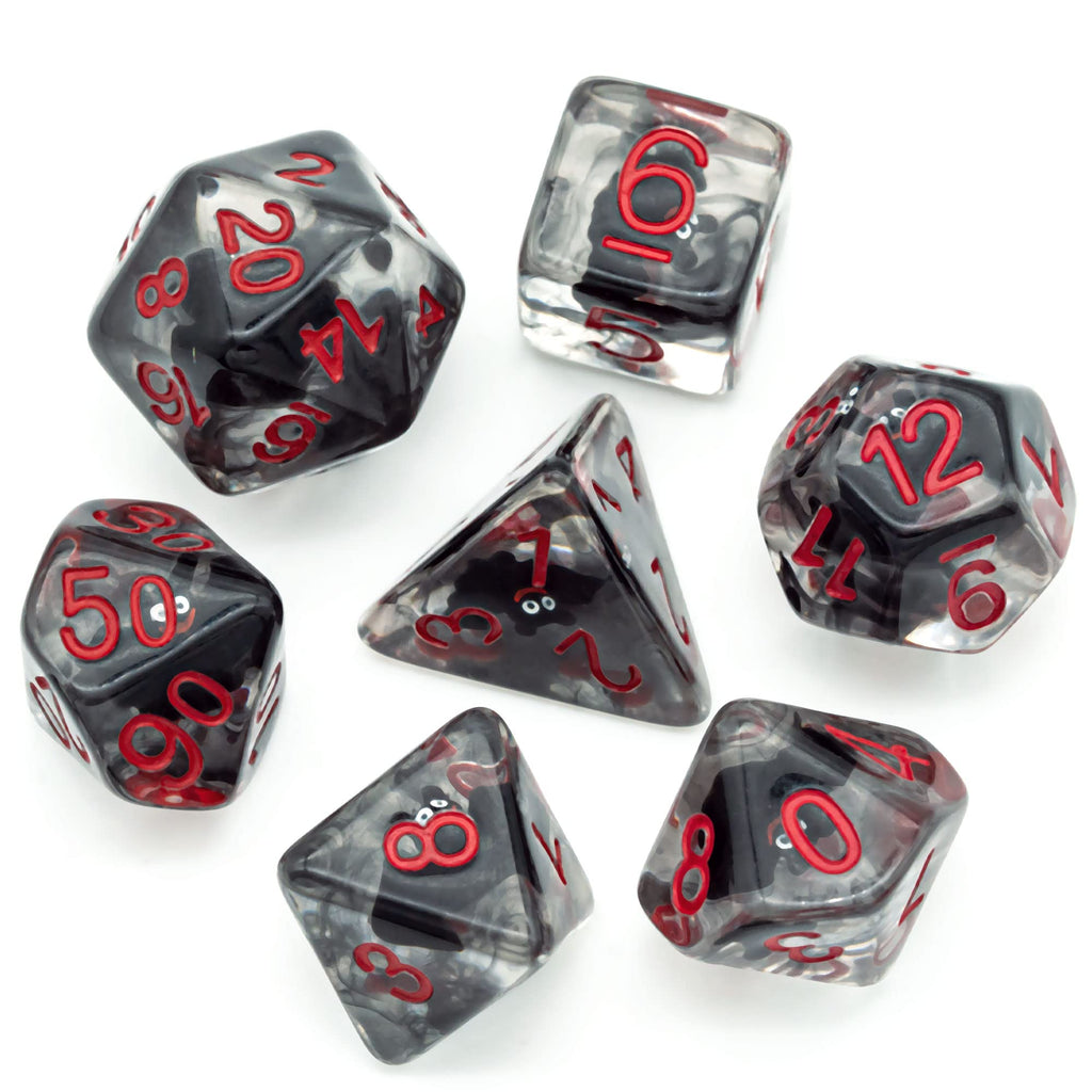 Cusdie Bat-Filled Resin D&D Dice Set – 7 Polyhedral Dice with Red Numbers