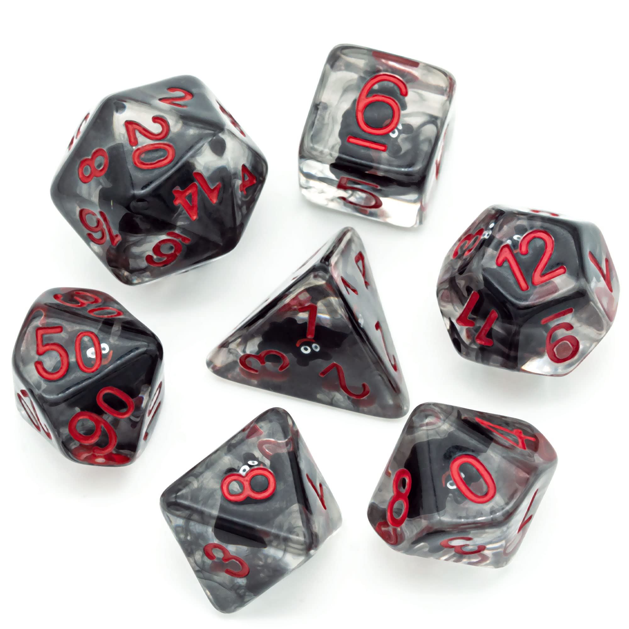 Cusdie Bat-Filled Resin D&D Dice Set – 7 Polyhedral Dice with Red Numbers