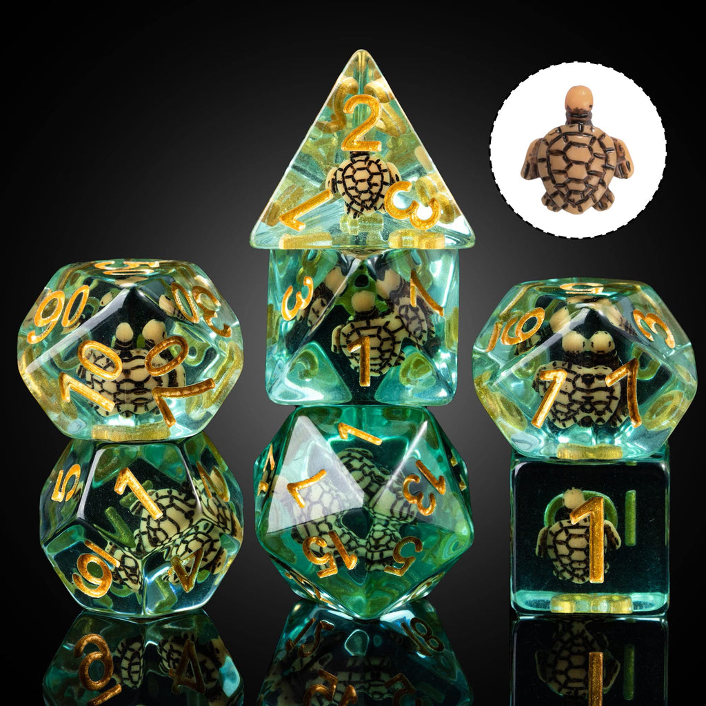 Cusdie Brown Turtle DND Dice Set – 7 Polyhedral Dice with Animal Inside